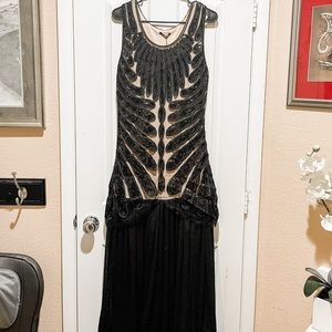 MetMe flapper 50’s style dress sequined black and nude full length dress NWT